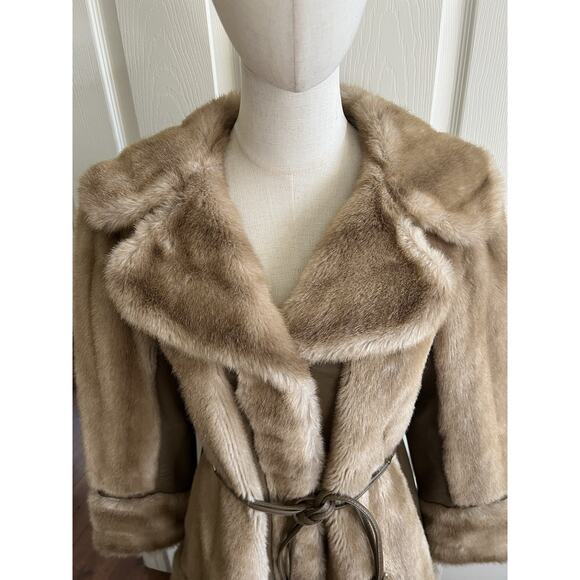 Vintage 1960’s Faux Fur Leather Penny Lane Belted Trench Coat Sz Small - Picture 4 of 16